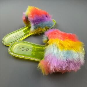 Super Jack Rainbow Faux Fur Slides Rhinestone Jelly Sole Statement Sandals